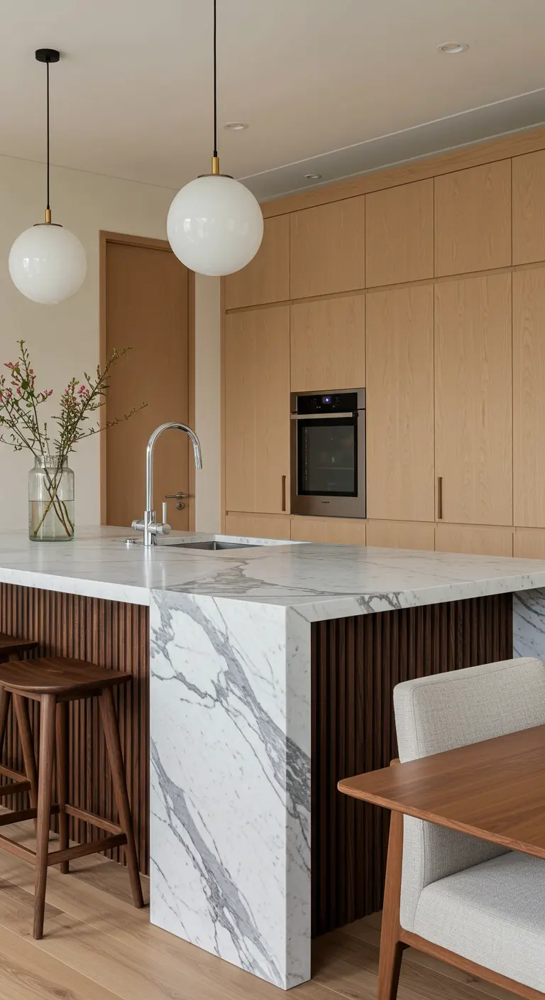 Kitchen island with a waterfall marble countertop and a fluted wood base.
