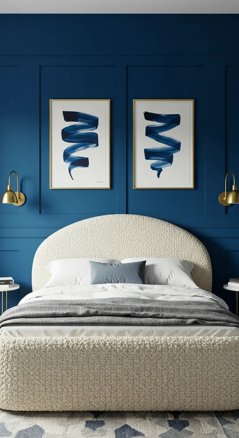 Bedroom with deep blue paneled walls and a curved, cream-colored bouclé bed.