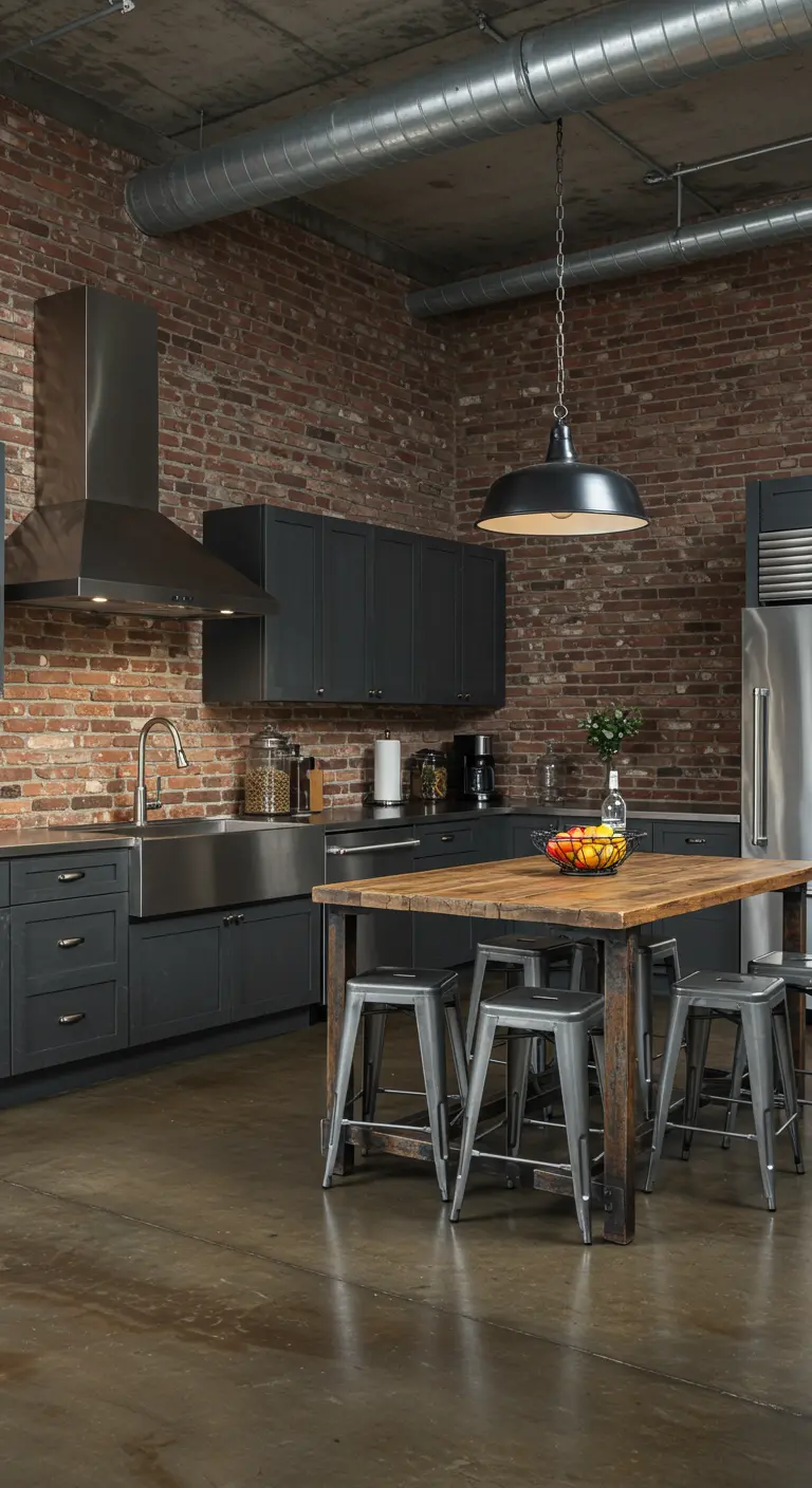 Industrial kitchen with exposed brick, dark gray cabinets, and a stainless steel sink.