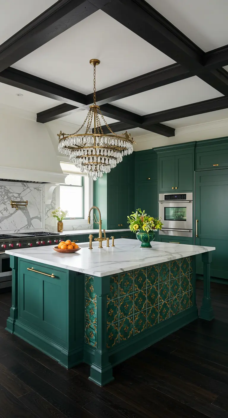 A luxurious green kitchen with a dramatic crystal chandelier and a gold-accented tiled island.