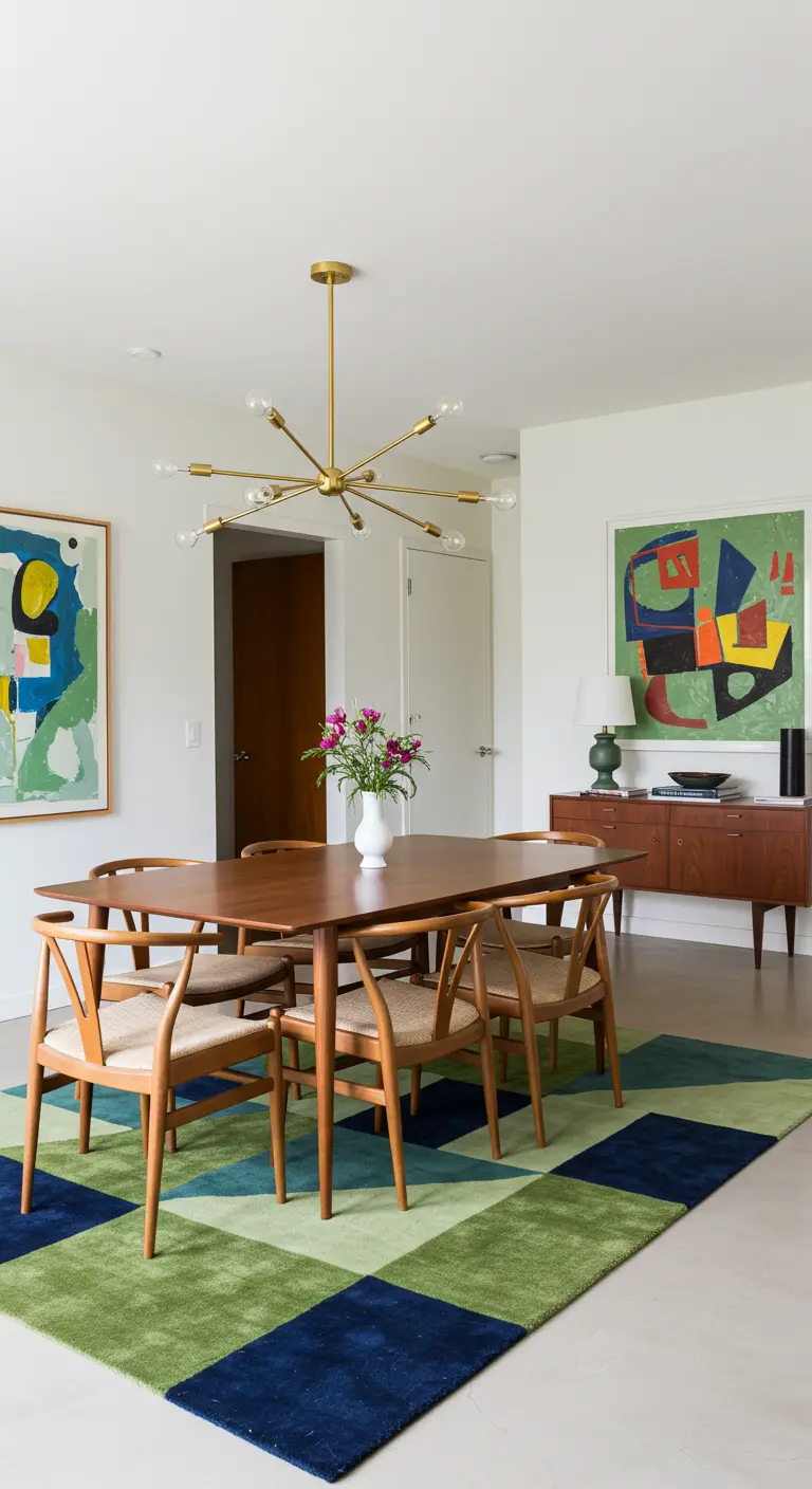 Mid-century dining room with a brass Sputnik chandelier and a green and blue rug.