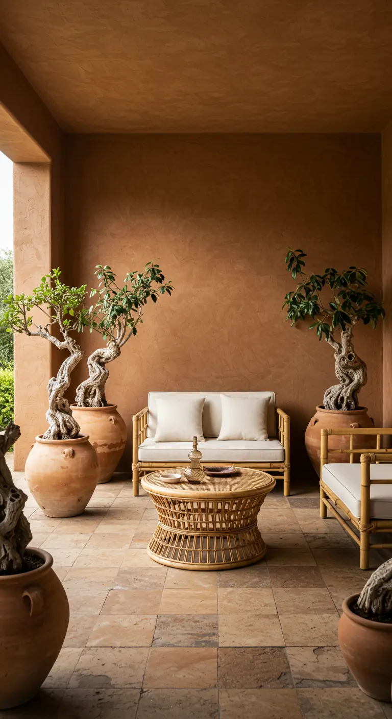 A covered terracotta patio with bamboo furniture and large pots with bonsai trees.