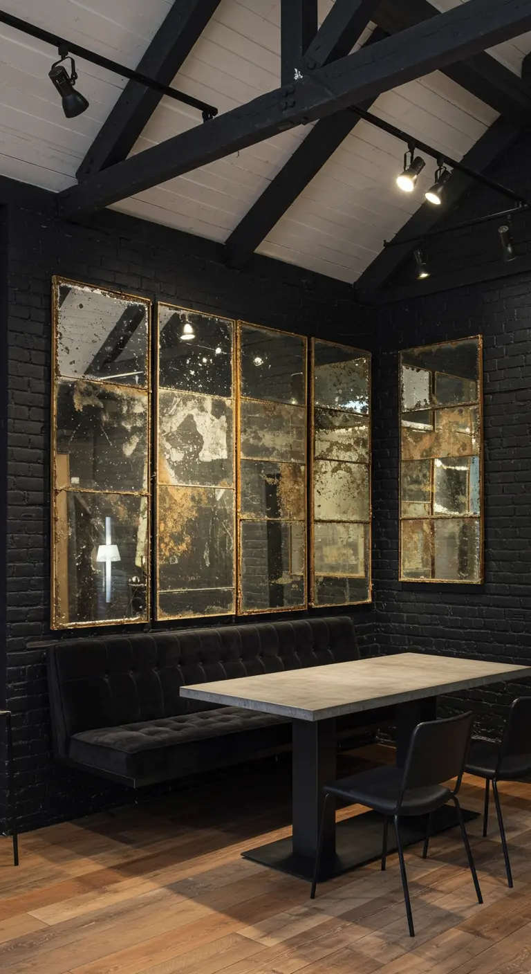 Industrial dining area with a black brick wall, antiqued mirrors, and exposed ceiling beams.