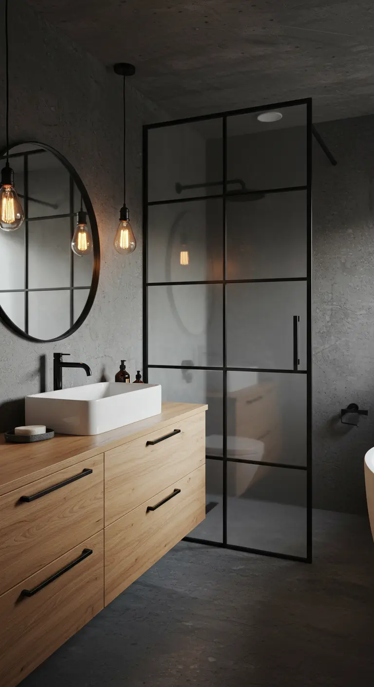 Moody industrial bathroom with concrete walls and a black-framed shower.