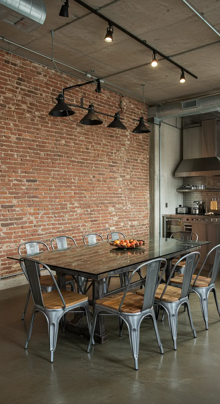 Glass dining table with metal chairs against an exposed brick wall.