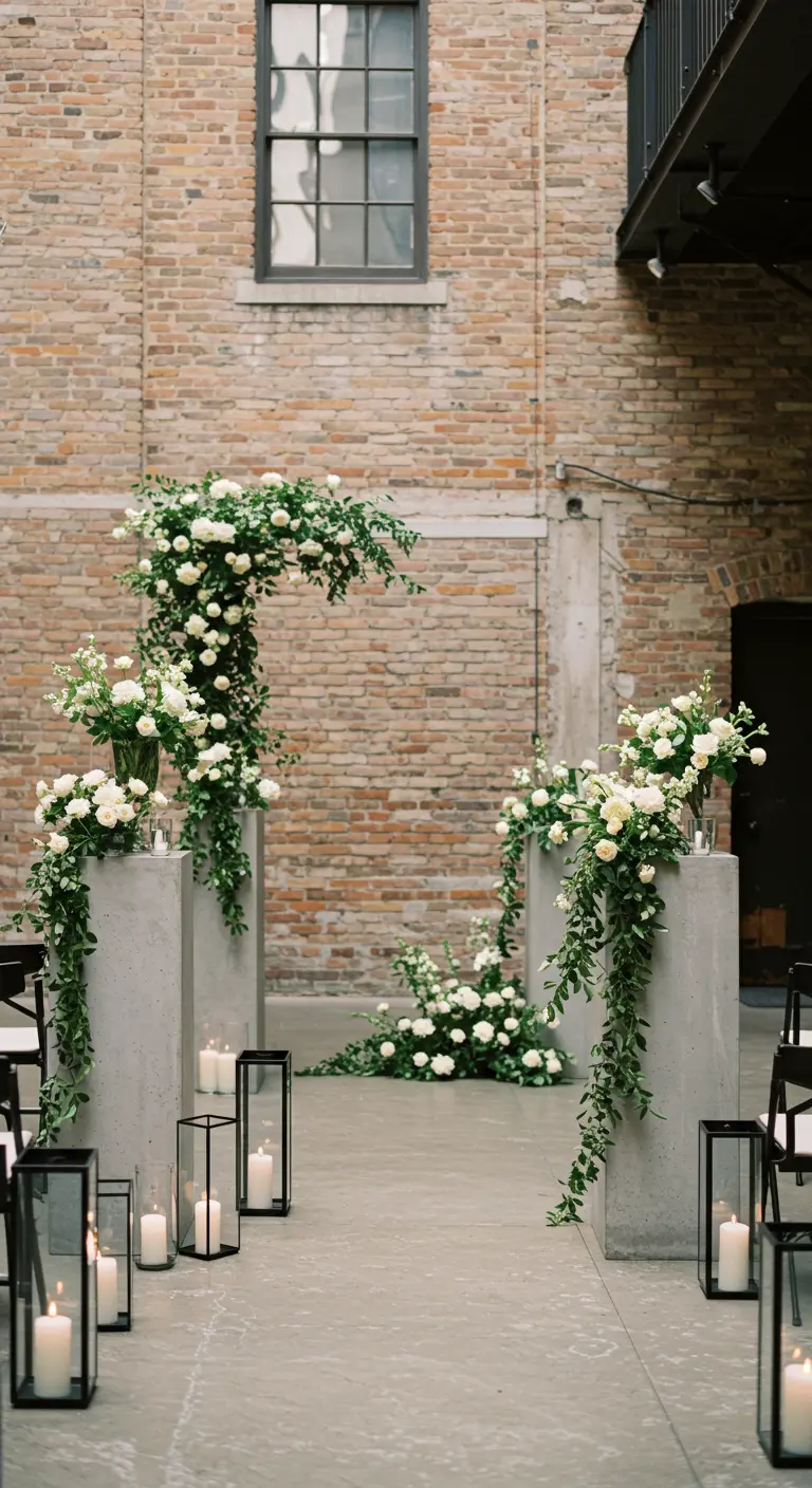 White rose arrangements on concrete pedestals with black lanterns in an industrial space.