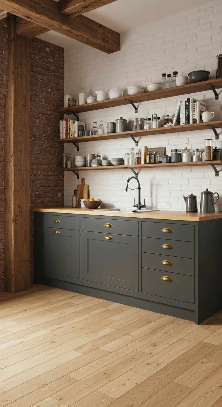 Kitchen with dark grey cabinets, open shelving, and an exposed brick accent wall.