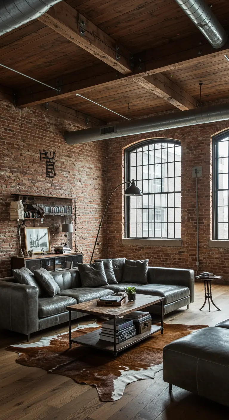 Industrial loft living room with exposed brick, ductwork, and a large grey leather sectional.