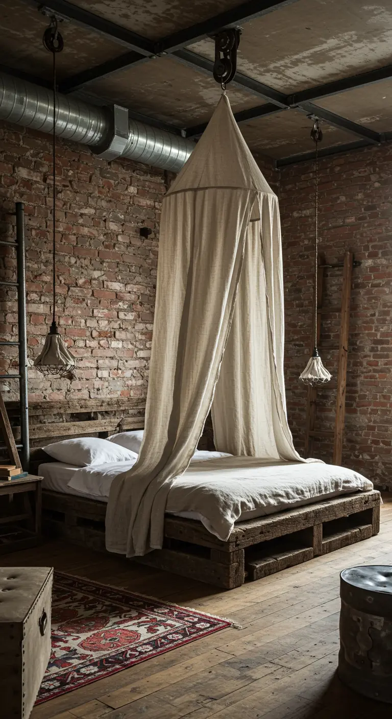 Industrial loft bedroom with a brick wall, a pallet bed, and a canopy hanging from a pulley.