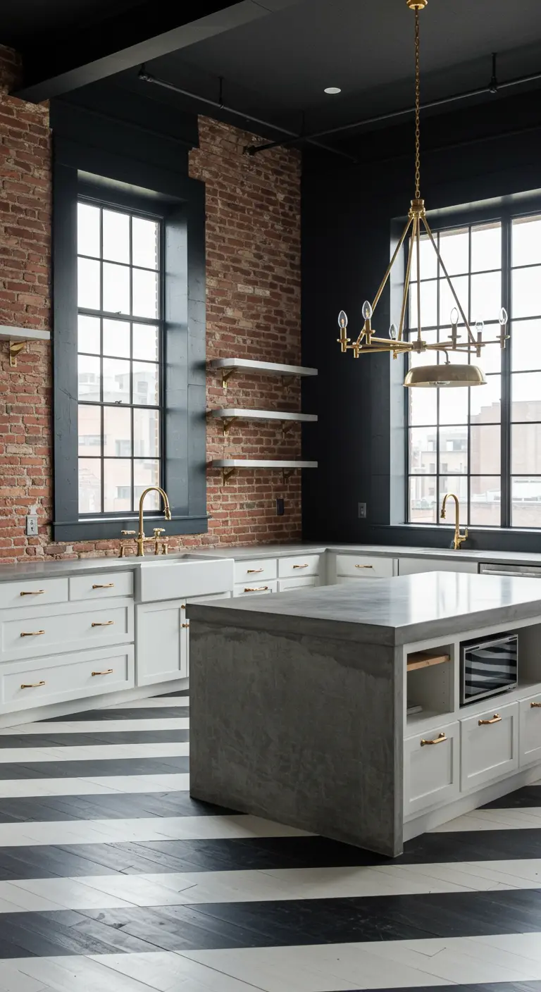 Industrial kitchen with exposed brick, a striped floor, and a concrete island.