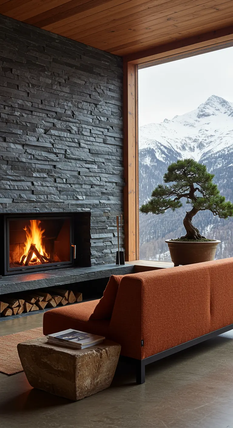 A stacked slate fireplace wall next to a large window with a view of snowy mountains.