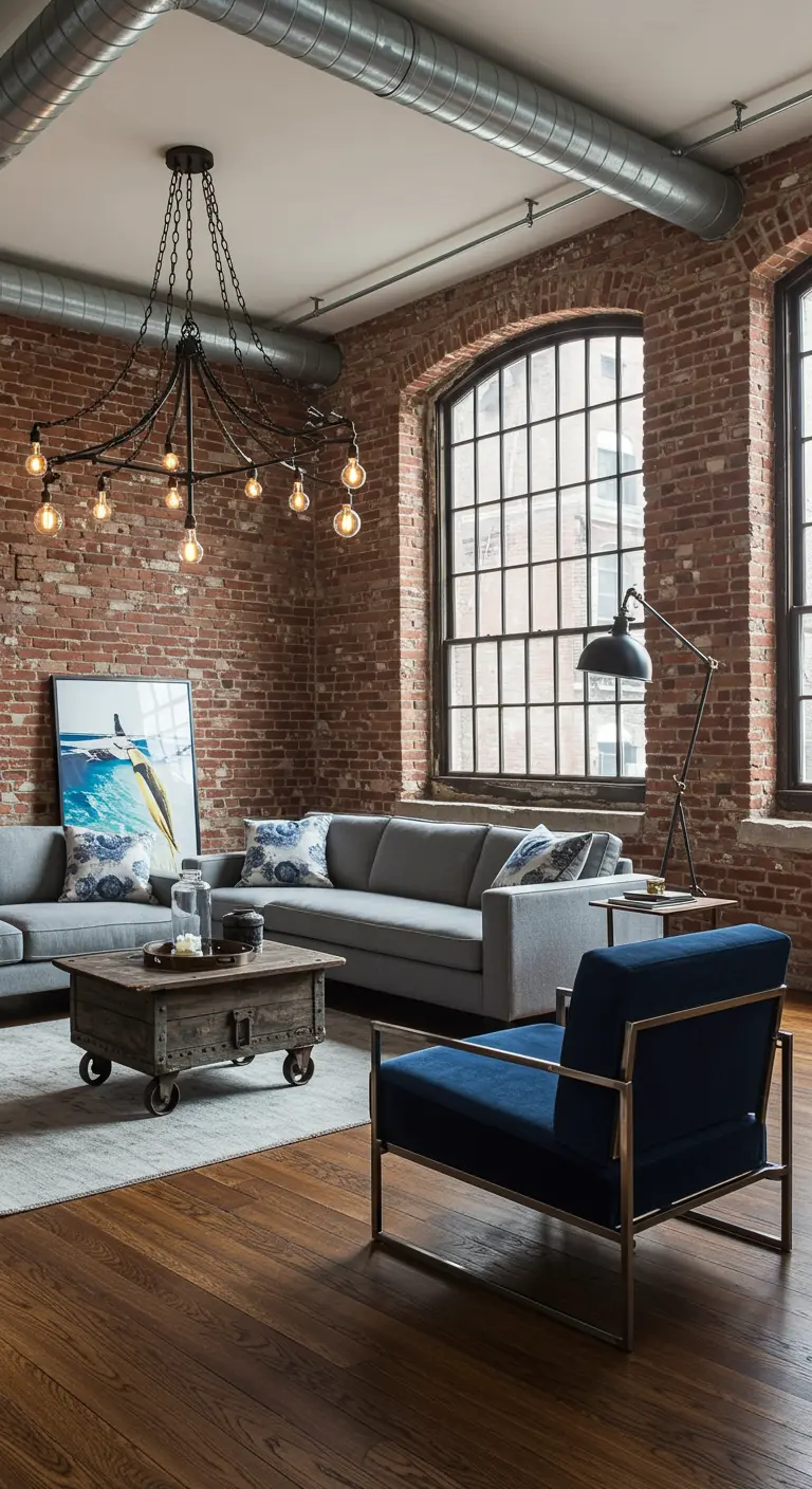Industrial loft living room with exposed brick and a navy velvet and chrome armchair.