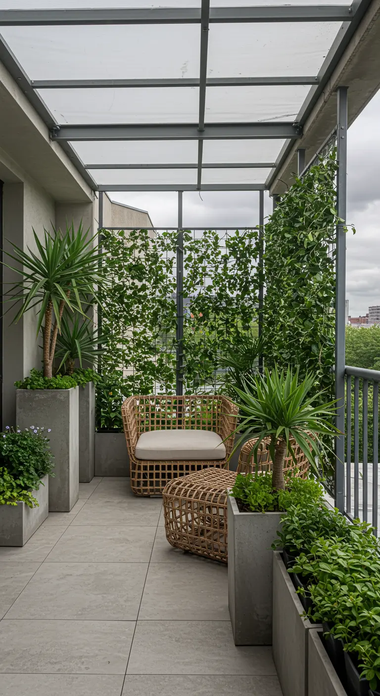 A minimalist balcony with concrete planters, a wicker chair, and a vine-covered trellis.