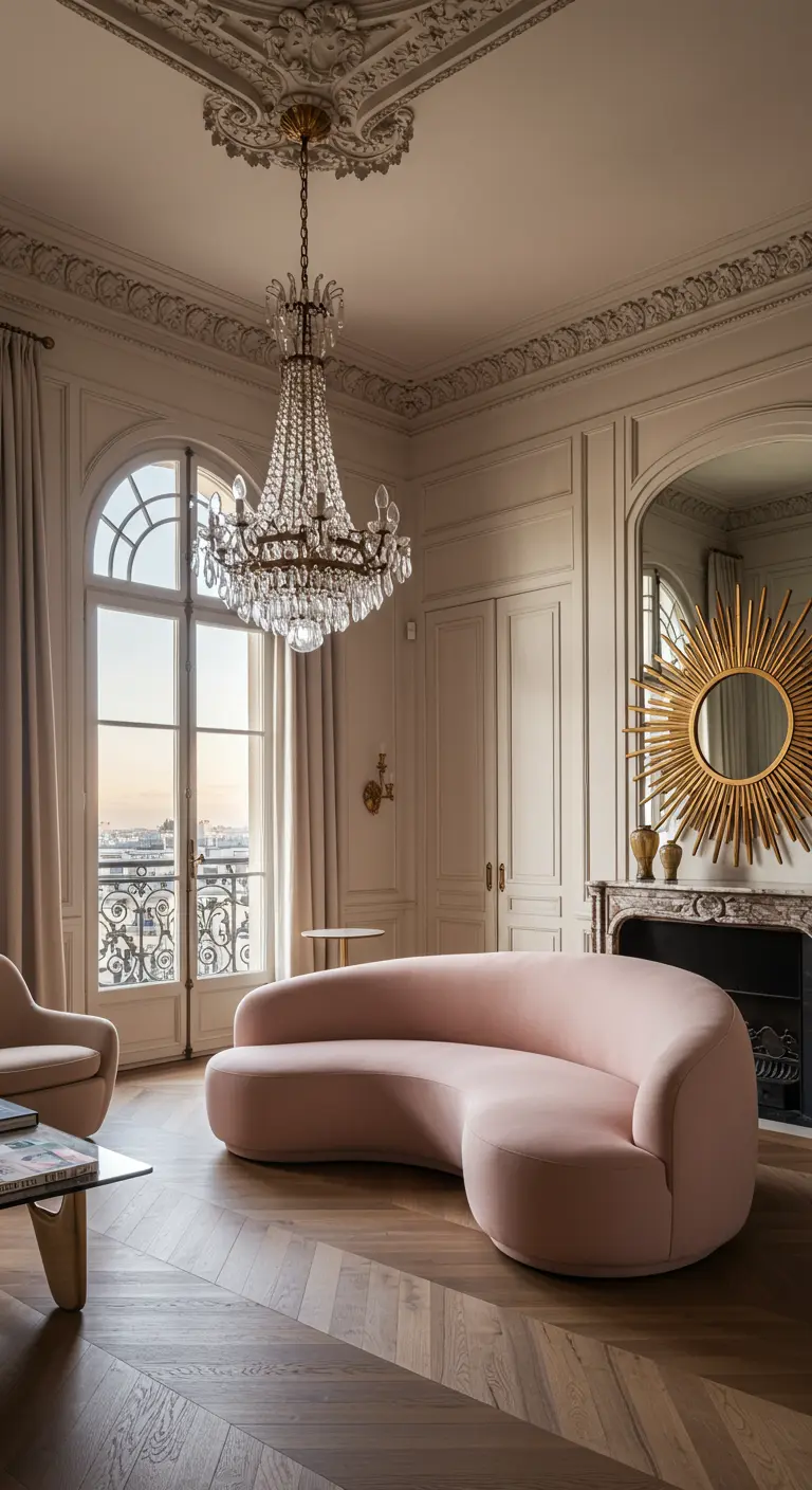 Parisian apartment with a curved pink sofa, ornate molding, and a crystal chandelier.