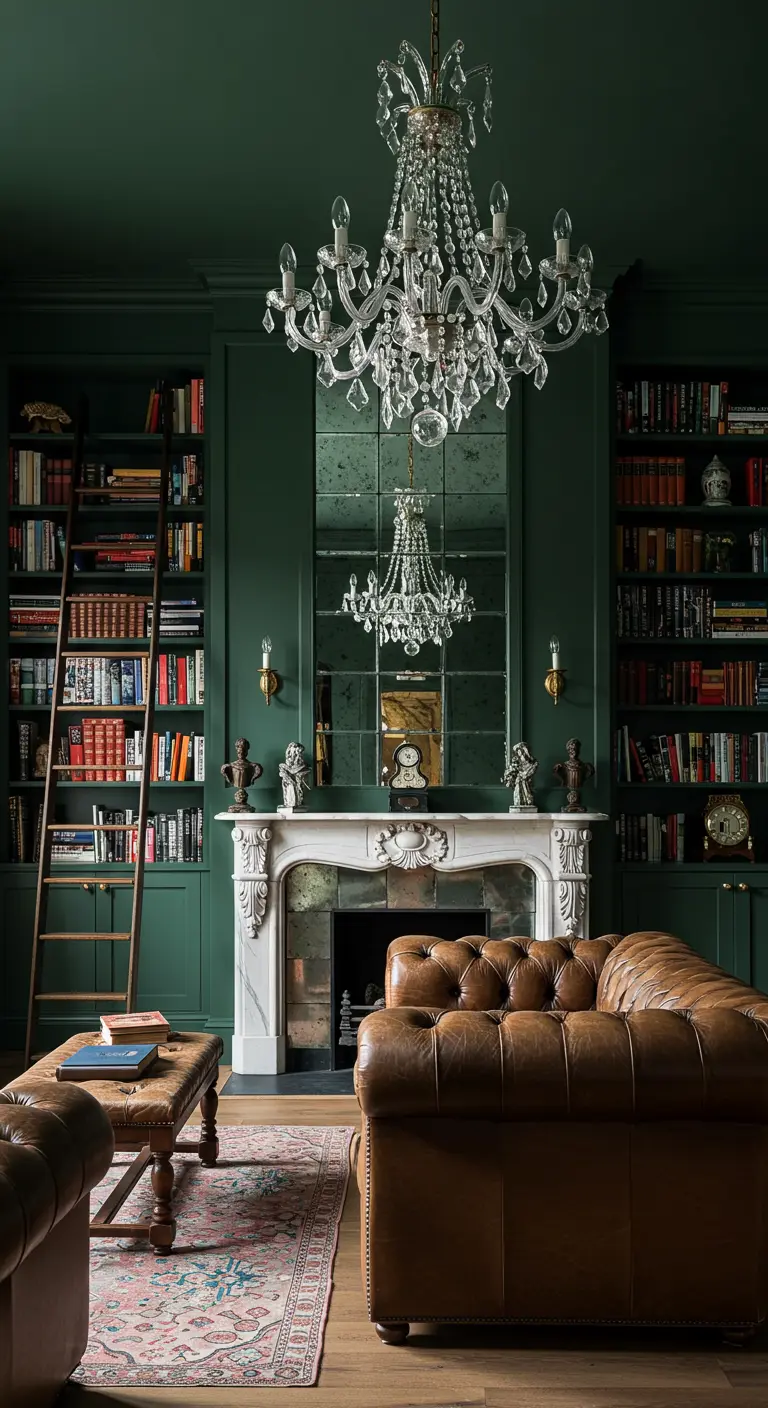 Dark green library with a large crystal chandelier, leather sofa, and a marble fireplace.