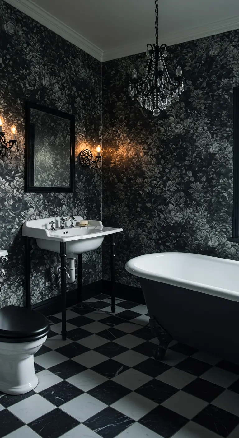 Eclectic bathroom with dark floral wallpaper, checkerboard floor, and a clawfoot tub.
