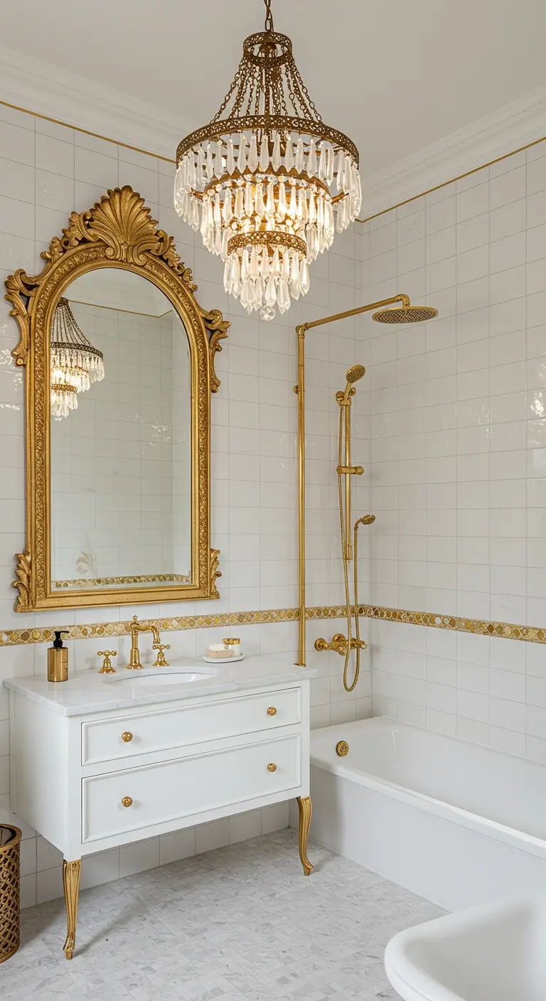 White and gold bathroom with an ornate gilt mirror and a crystal chandelier.