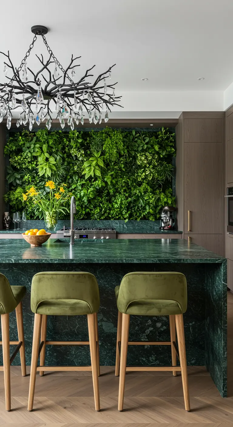 A kitchen with a living green wall backsplash, a dark green marble island, and olive velvet stools.
