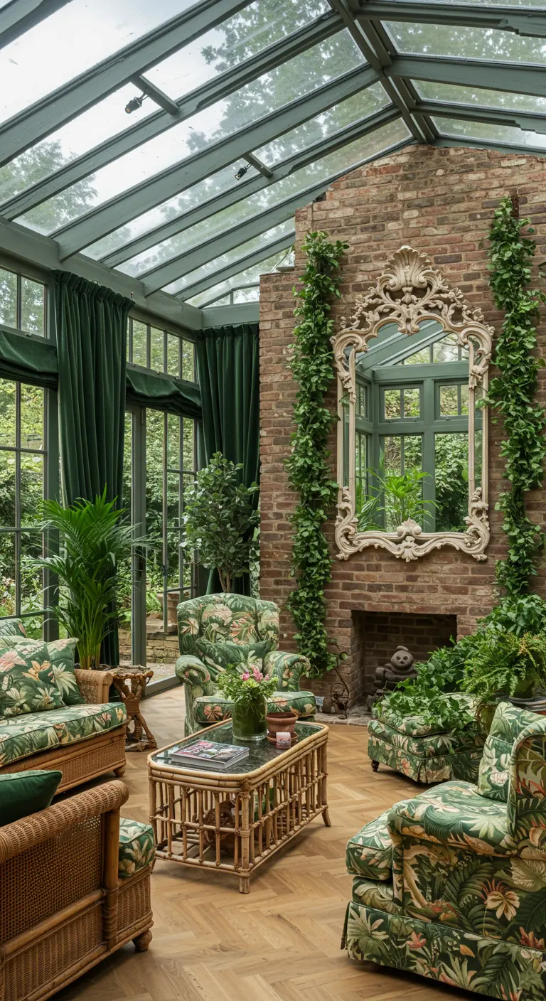A sunroom with an ornate white mirror on a brick wall, flanked by climbing ivy.