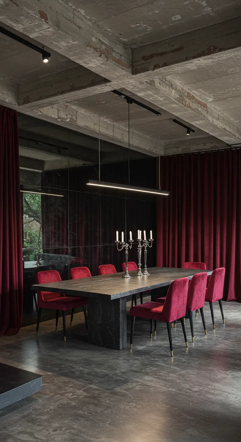 Industrial dining room with concrete ceiling, burgundy velvet chairs, and a stone table.