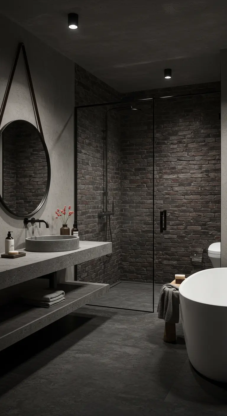 Moody industrial bathroom with concrete vanity, dark brick, and a round mirror.