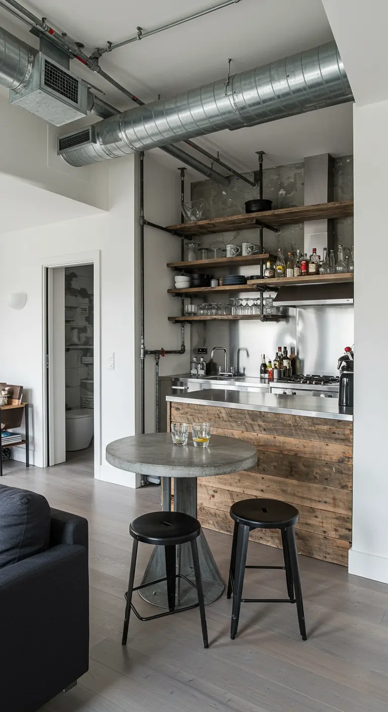 An industrial-style kitchen with reclaimed wood island, open shelving, and a small concrete bistro table.