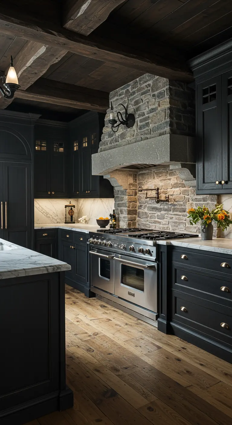 Rustic kitchen with a large stone range hood, wood beams, and black cabinets.