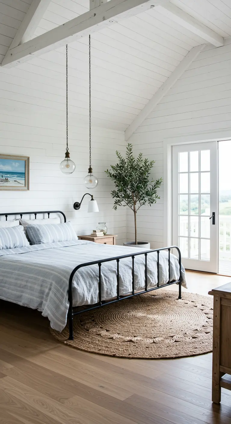 Airy white bedroom with shiplap walls, a metal bed, and a large jute rug.