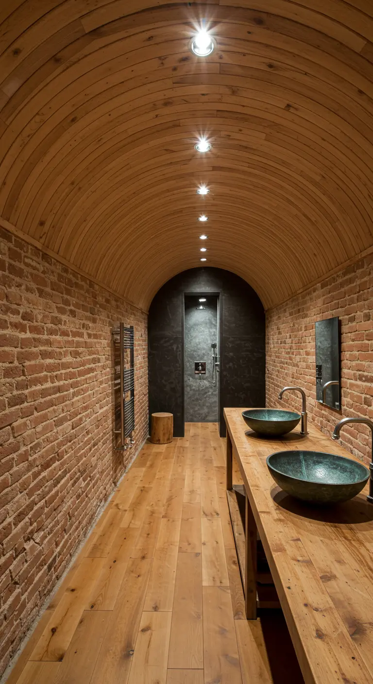 Long bathroom with exposed brick walls and a vaulted wood ceiling.
