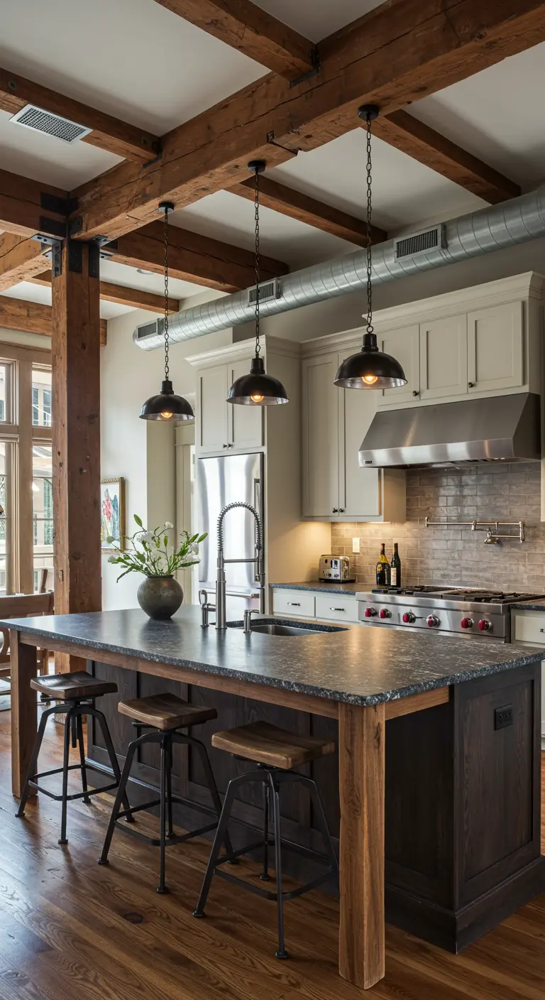 Kitchen with exposed wood beams and ductwork, and a dark island with a black top.