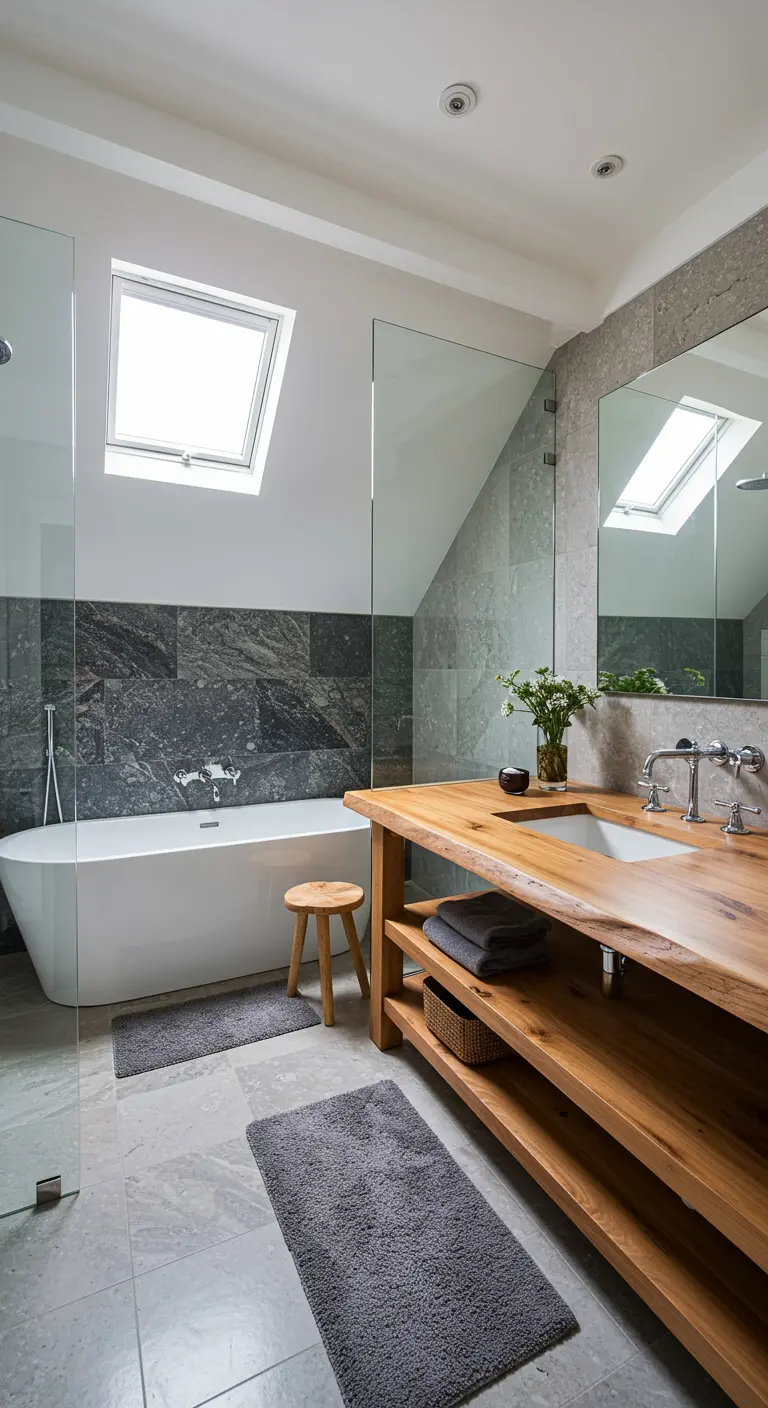 Attic bathroom with a live-edge wood vanity, freestanding tub, and skylight.