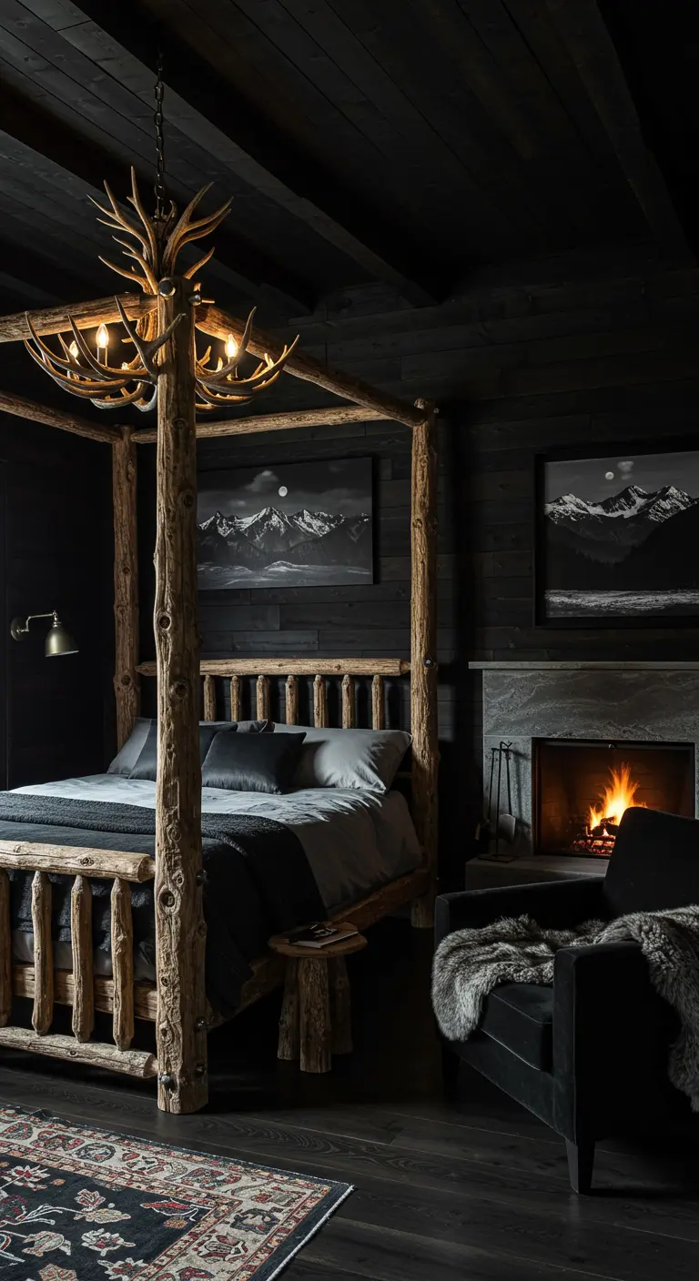 Rustic black bedroom with a log bed, antler chandelier, and stone fireplace.