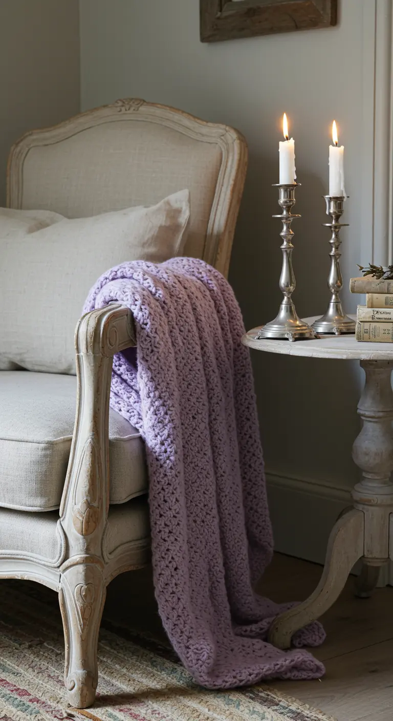 French-style armchair with a lavender knit throw, next to a table with silver candlesticks.