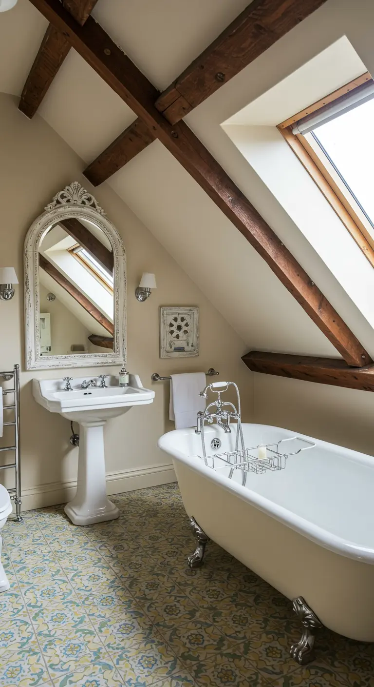 Attic bathroom with exposed wood beams, patterned tiles, and clawfoot tub.
