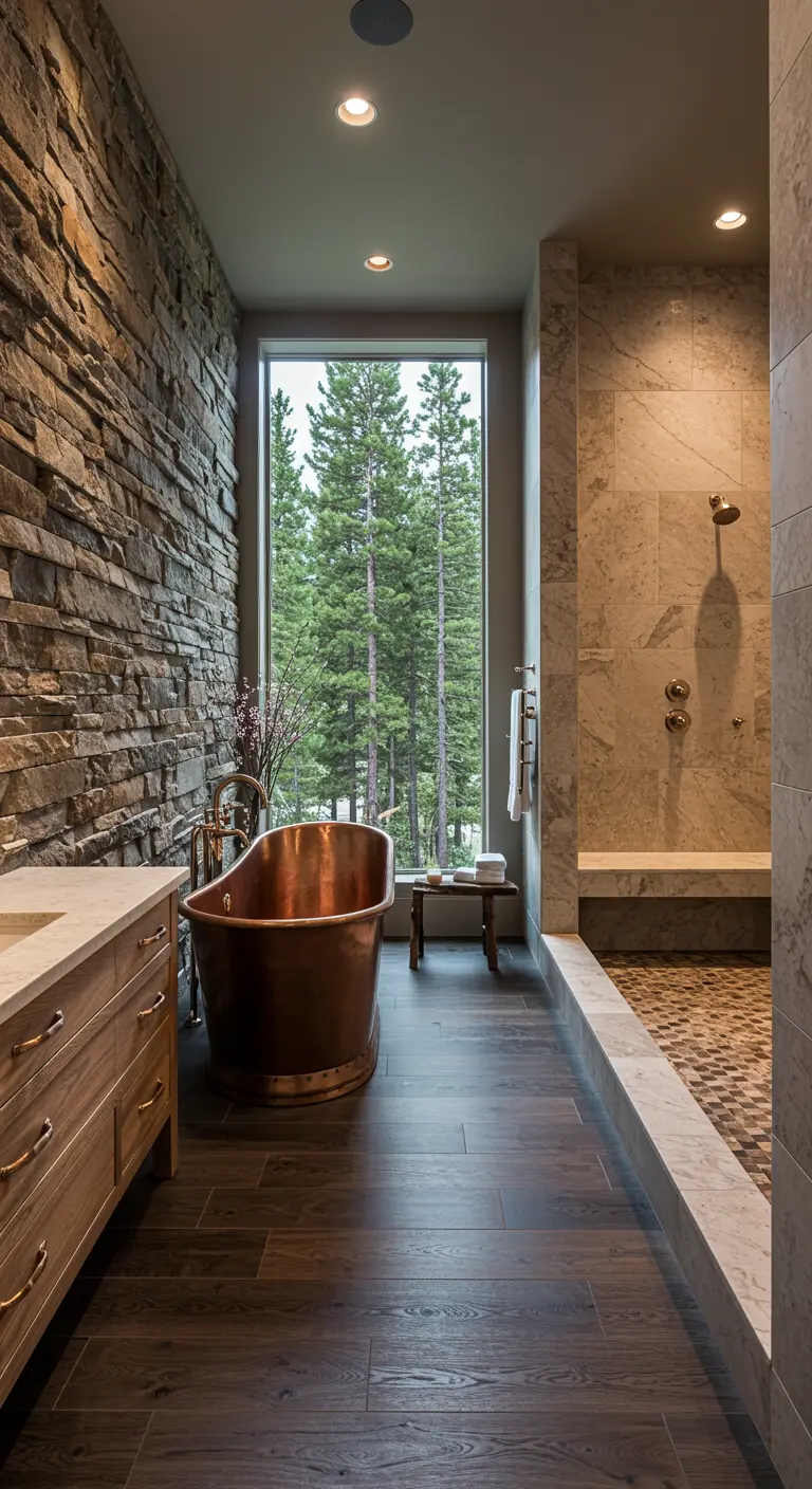 Rustic bathroom with a stacked stone wall, copper tub, and large window looking out to pine trees.