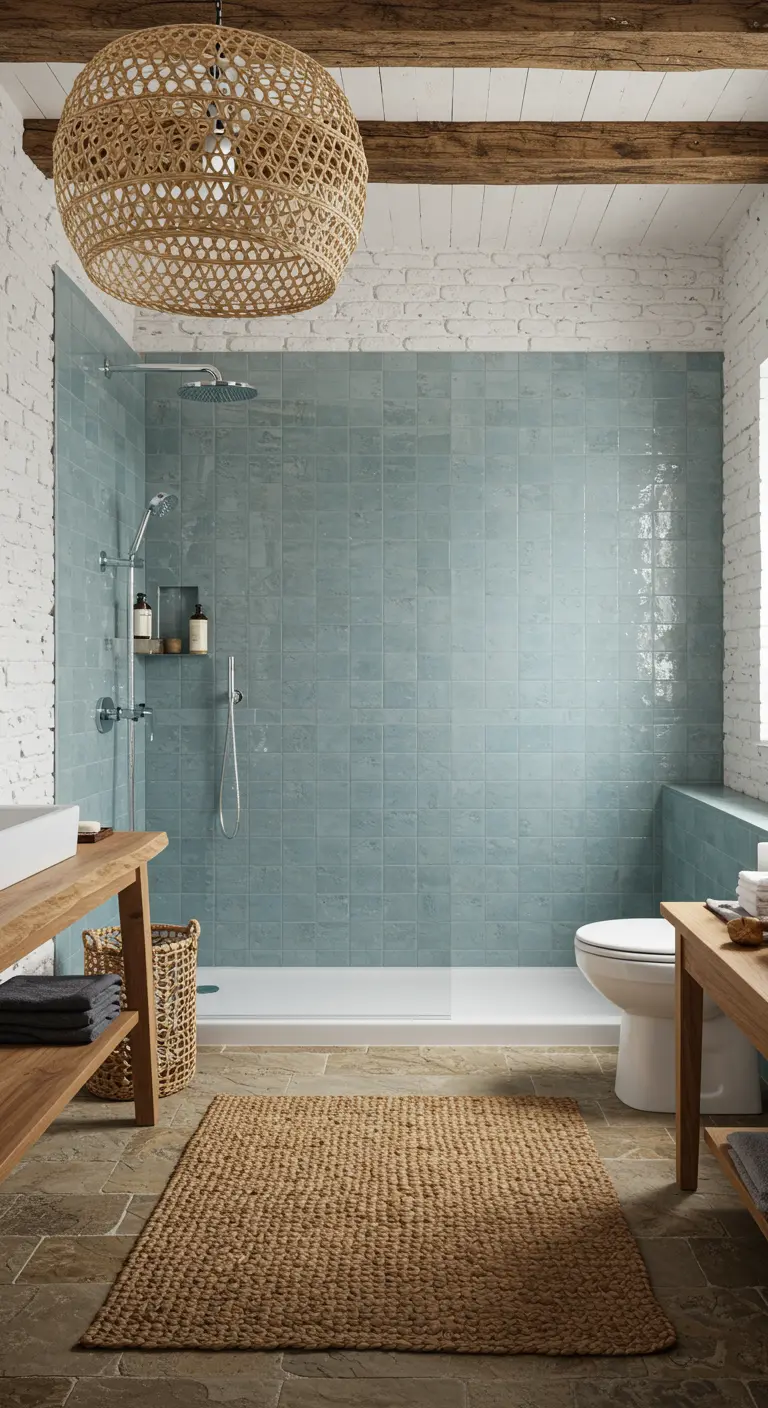 Rustic bathroom with exposed beams, blue tile shower, and jute runner.