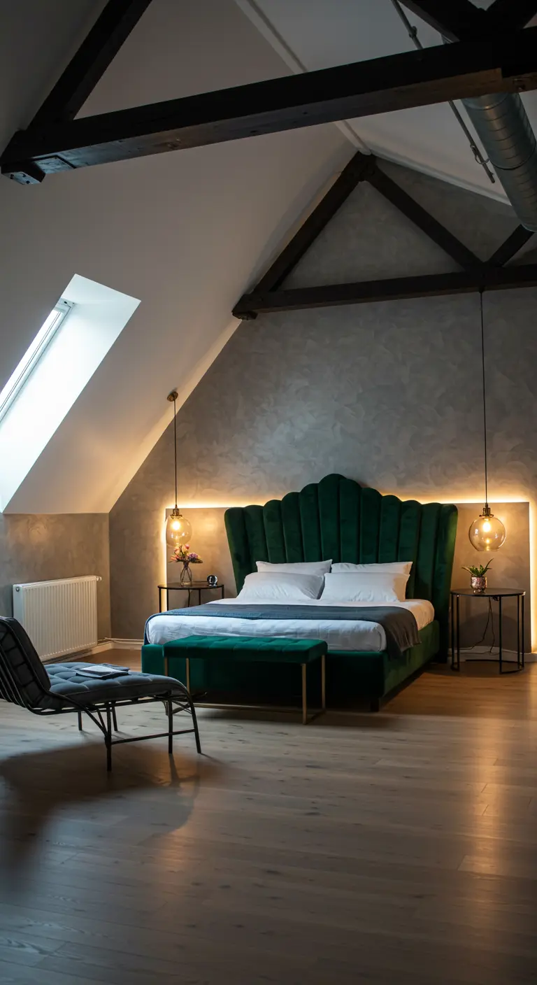 Attic bedroom with exposed beams and a green velvet bed with a backlit headboard.