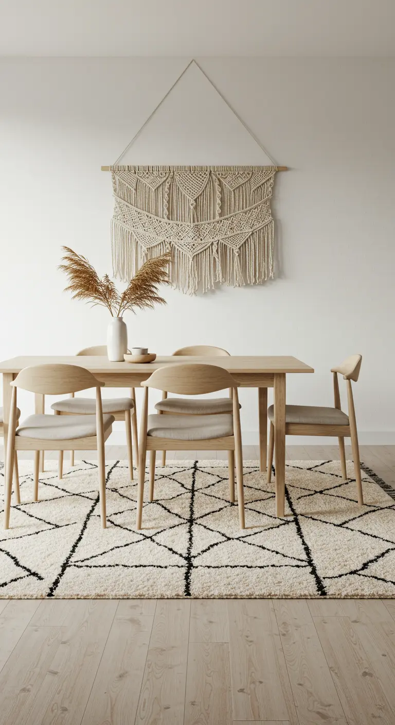 A minimalist dining room with a light wood table, a large macramé hanging, and a geometric shag rug.