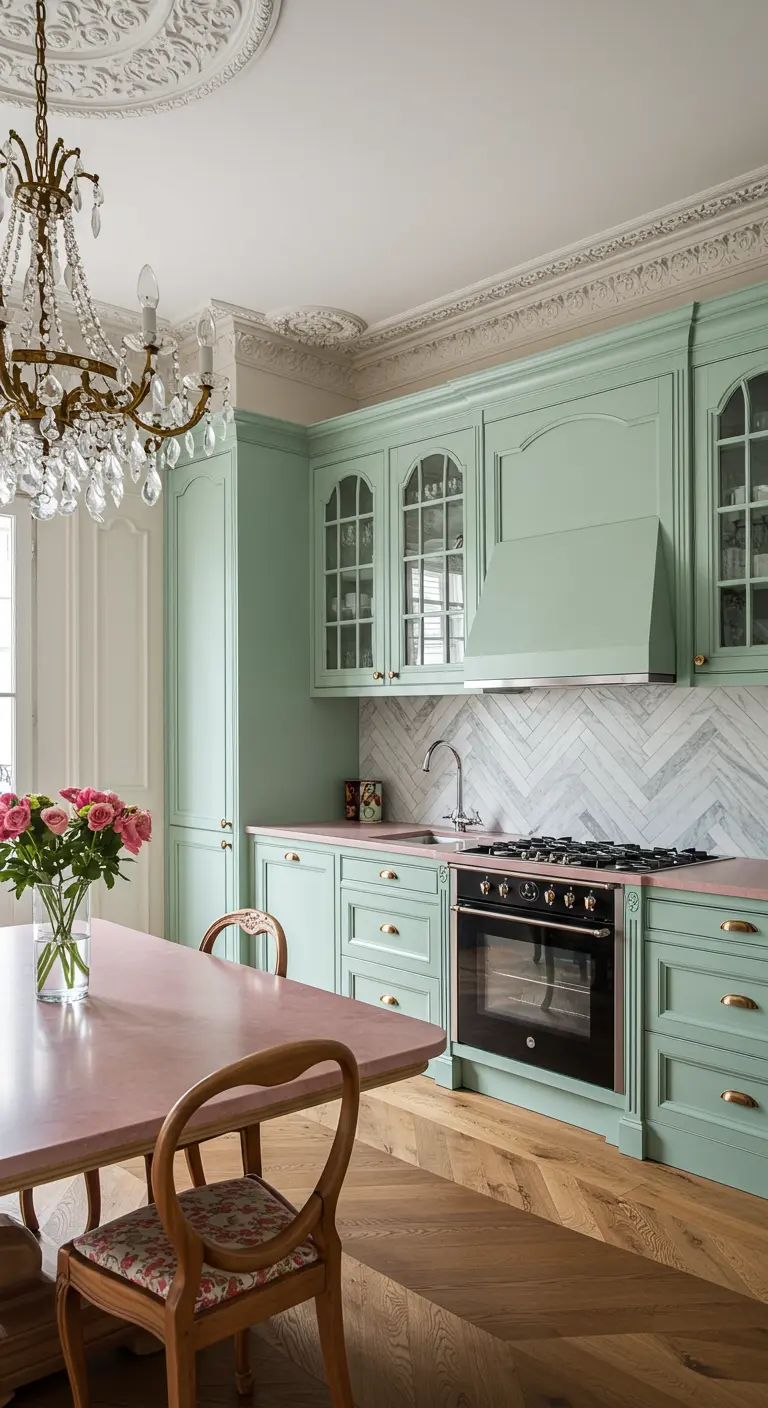 Elegant kitchen with mint cabinets, a crystal chandelier, and a pink dining table.
