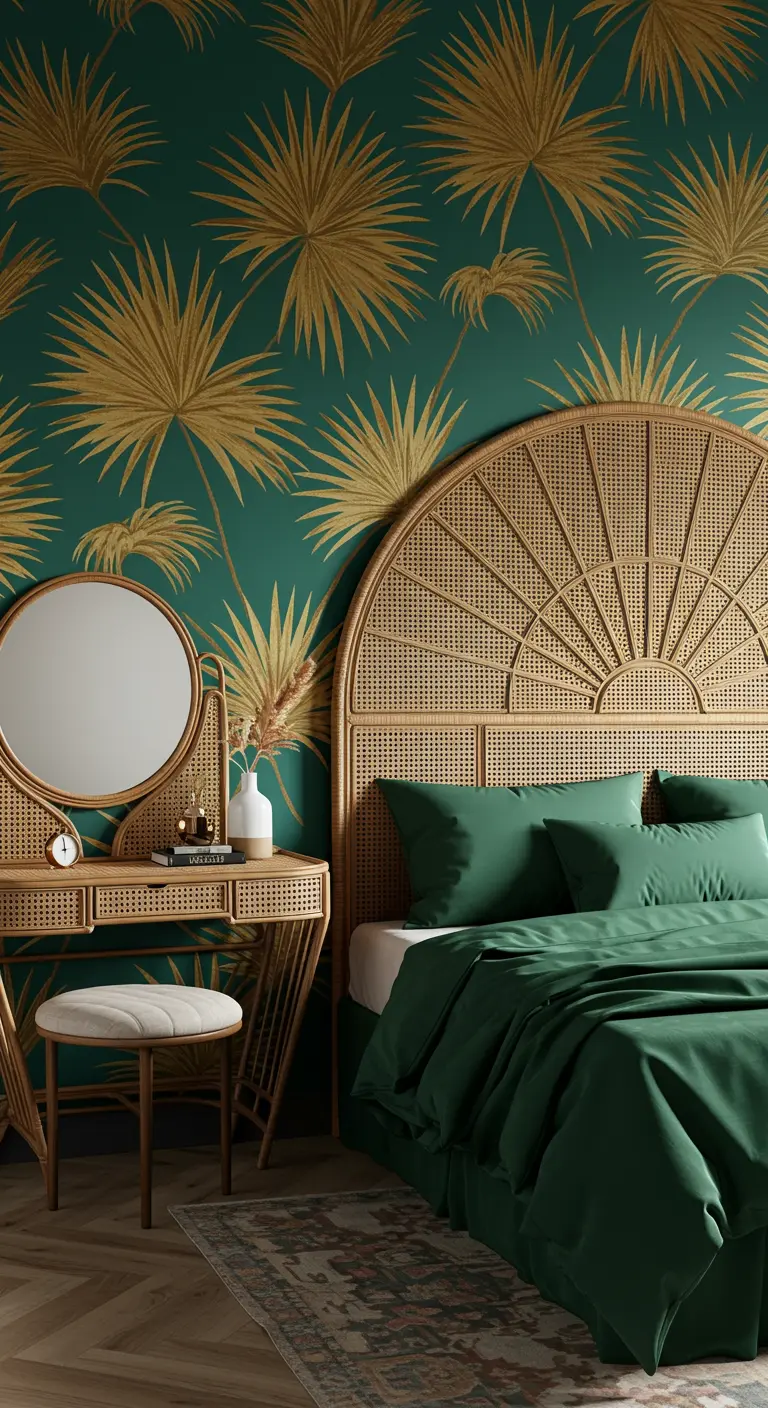 Bedroom with a gold and teal palm wallpaper, and a rattan sunburst headboard and vanity.
