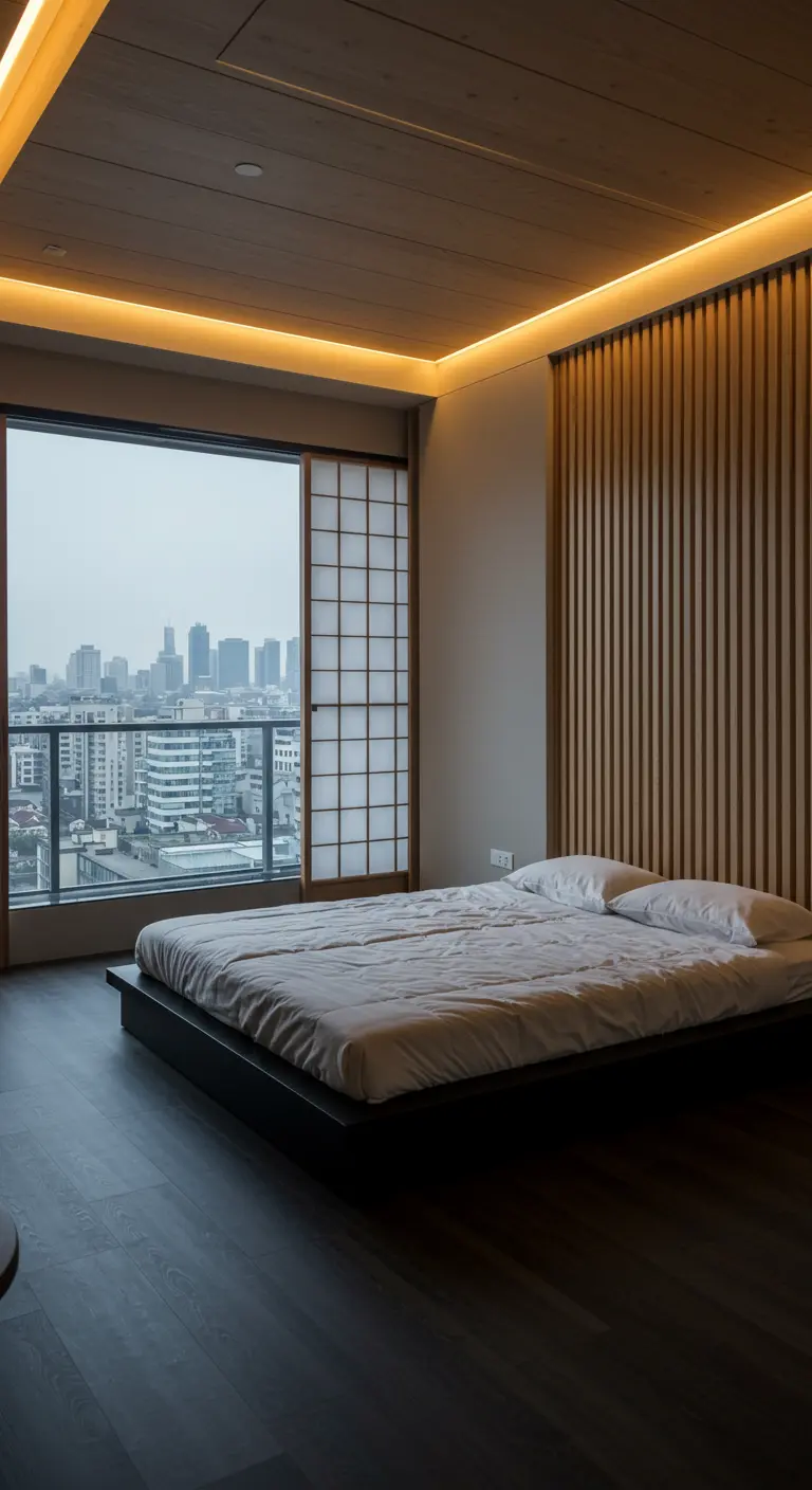 Modern minimalist bedroom with a dark floor, wood slat wall, and a large window overlooking a city.