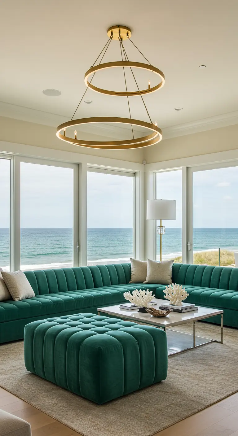 A bright living room with a large teal channel-tufted sectional overlooking the ocean.