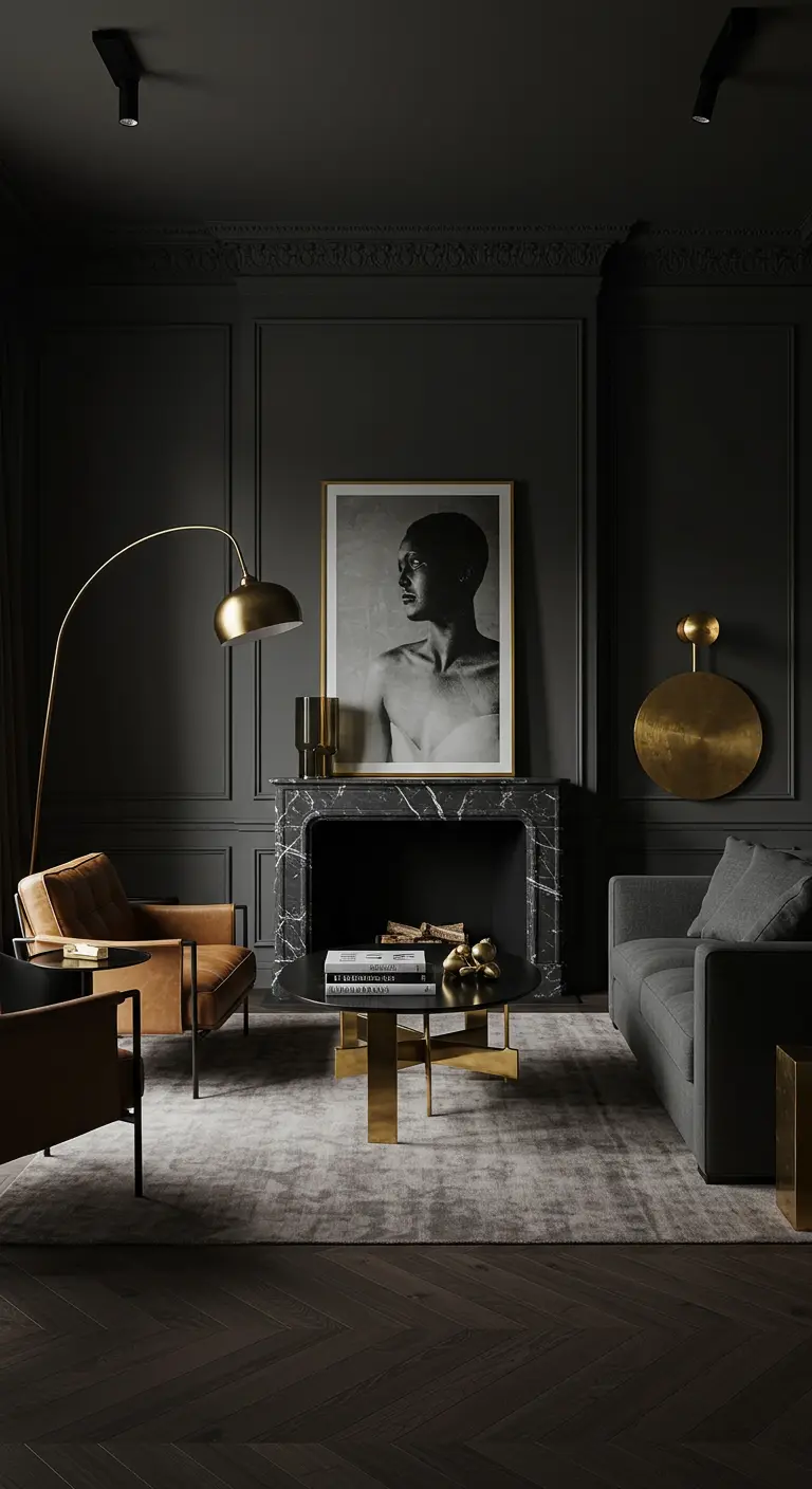 Dark living room with a black marble fireplace, cognac leather chair, and brass floor lamp.