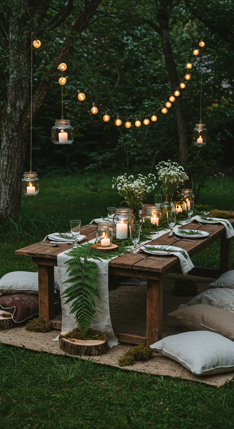Rustic outdoor table with hanging mason jar candles and ferns.