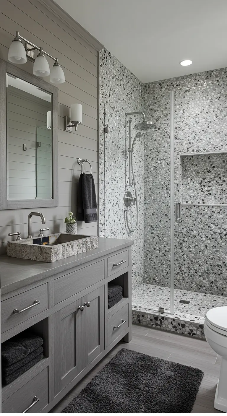 Monochromatic grey bathroom with shiplap walls and a pebble tile shower.