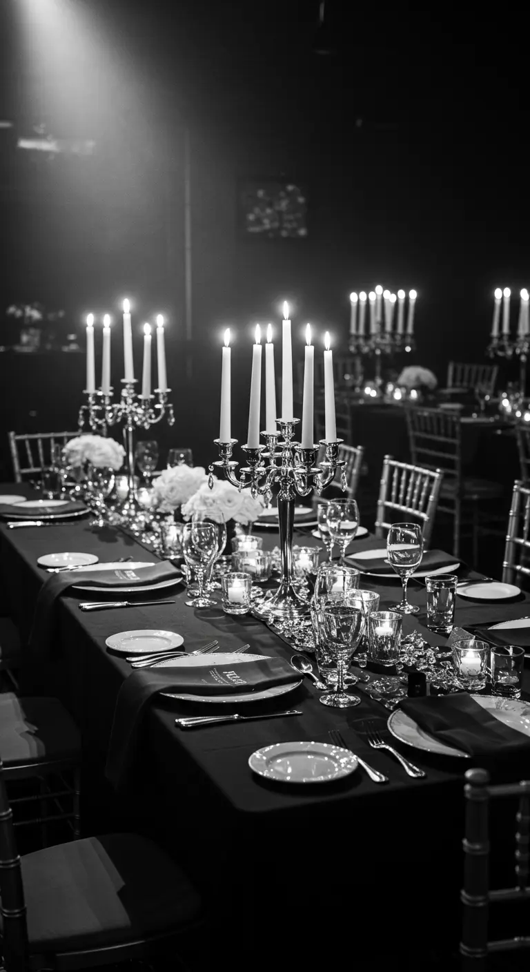 A black-and-white photo of a long dining table with silver candelabras and white flowers.