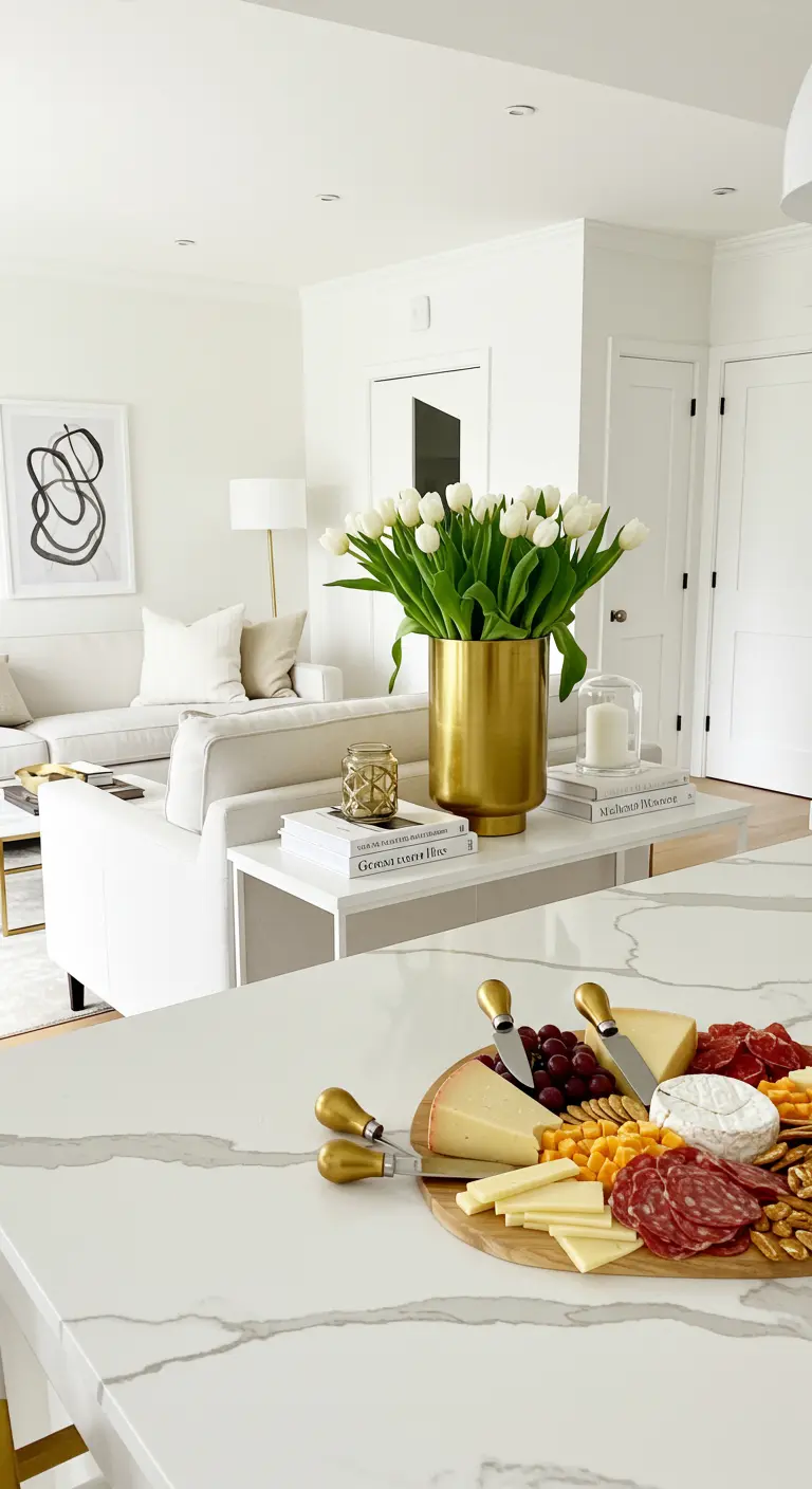 A stylish white kitchen with a cheese board on the counter and white tulips in a gold vase.