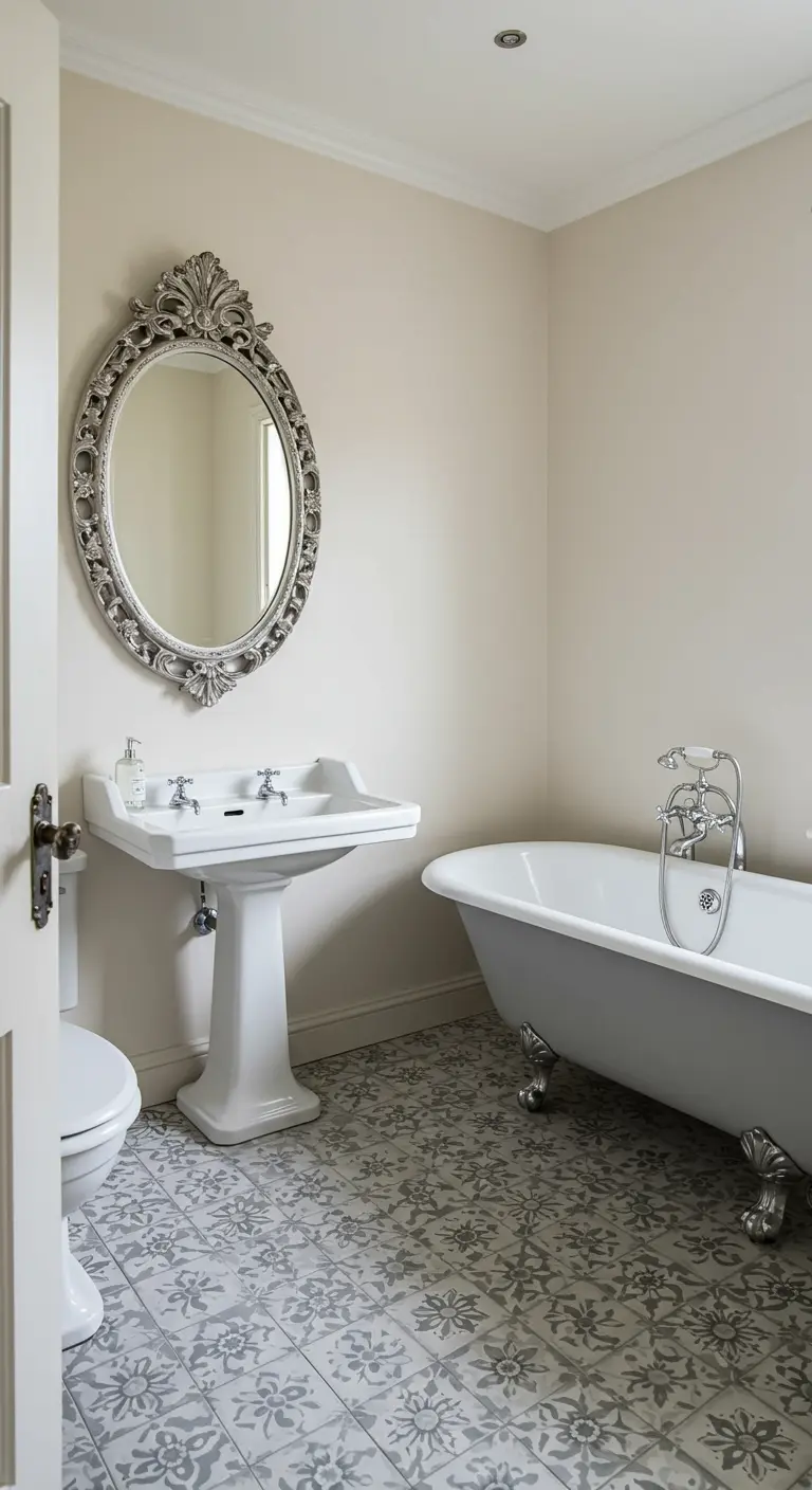 Neutral bathroom with gray floral floor tiles and an ornate silver mirror.