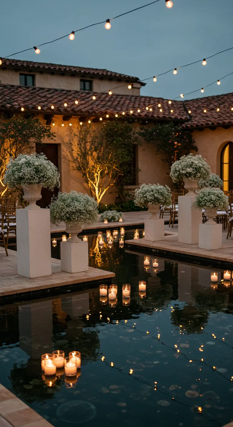 Urns of baby's breath and floating candles in a pool at a courtyard wedding.