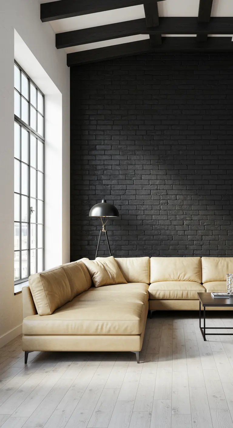 Loft living room with a black brick wall, light wood floor, and cream sofa.